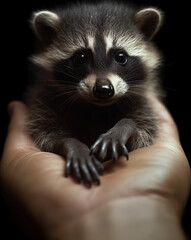 Obraz premium A small raccoon sitting on a persons hand. Generative AI.