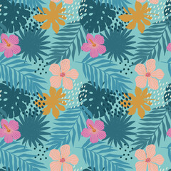 Fototapeta na wymiar Vector abstract cute hand drawn illustration with palm leaves and hibiscus flowers. The pattern is great for fabric, wallpaper, wrapping paper, postcard, layout.