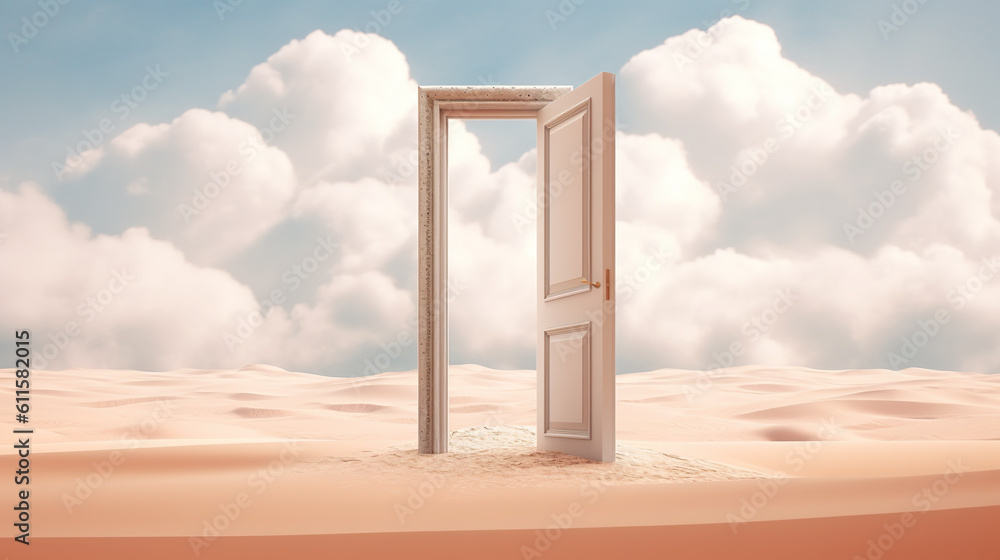 Poster an open door in the middle of a desert. generative ai.