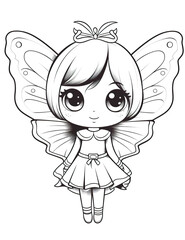 A cute little girl with a butterfly wings on her head. Generative AI. Coloring book for kids.
