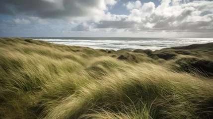 Papier peint photo Herbes des dunes Landscape photo of a prairy with long grass under a dramatic sky.   © piai