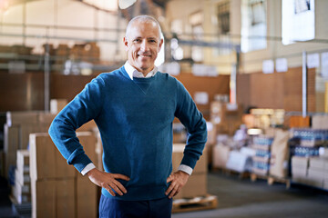 Happy, delivery and portrait of man in warehouse for cargo, storage and shipping. Distribution, ecommerce and logistics with employee in factory plant for supply chain, package or wholesale supplier