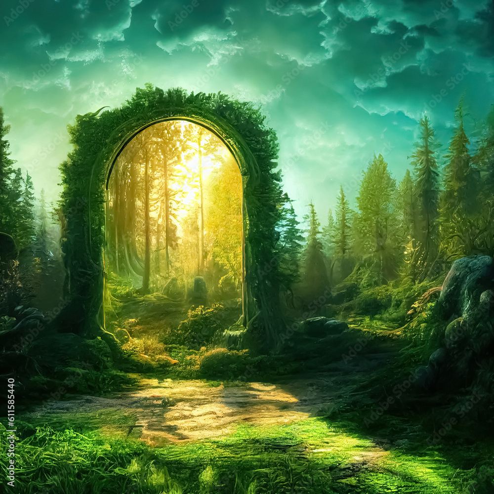 Aufkleber magic teleport portal in mystic fairy tale forest. gate to parallel fantasy surreal world. generativ