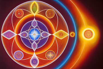 Abstract design of chakra, astral, spiritual energy field. Meditation chakra mandala flower. Generative AI.