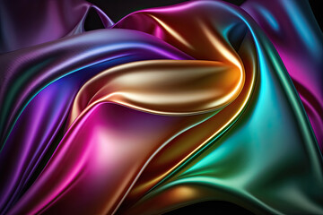 Dark iridescent rainbow colors abstract shiny plastic silk or satin wavy background. Generative AI