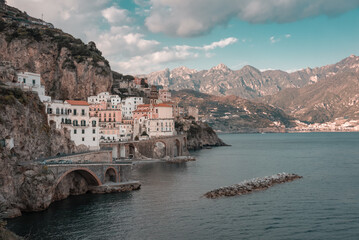 Amalfi coast in italy, small town of Atrani on rocky coast