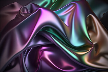 Obraz premium Dark iridescent rainbow colors abstract shiny plastic silk or satin wavy background. Generative AI