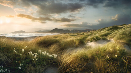 Landscape photo of a prairy with long grass under a dramatic sky. 