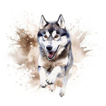 A watercolor painting of a husky dog running. Generative AI.