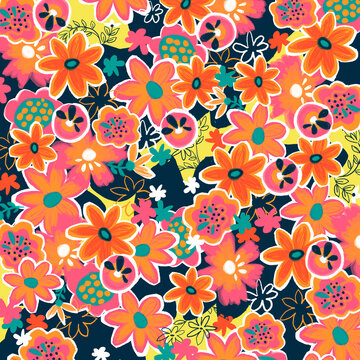 estampado pintado a mano de flores con repetición con colores alegres primavera, seamless pattern floral