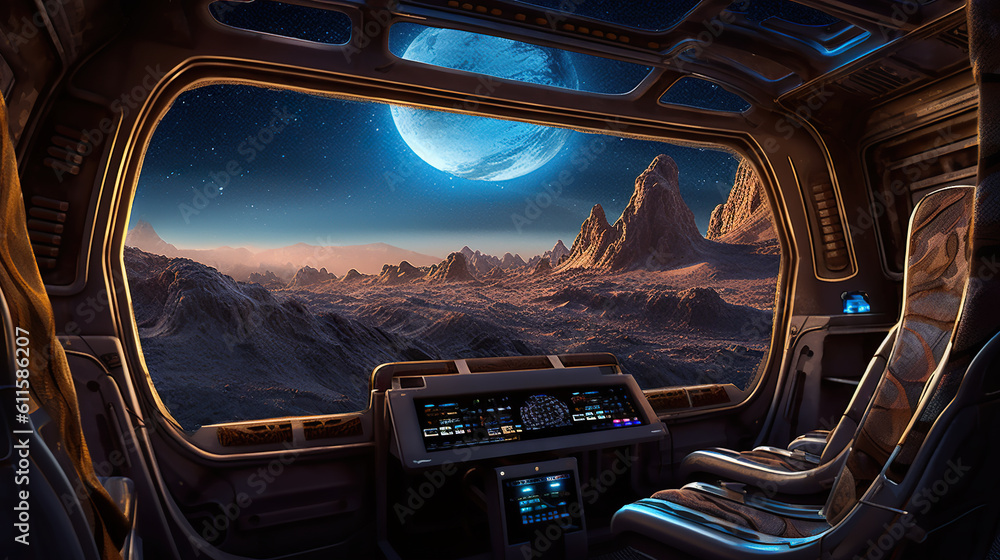Poster a view of a planet from a spaceship cockpit. generative ai.