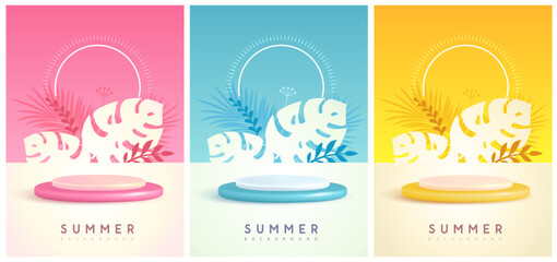 Fototapeta premium Set of colorful summer backgrounds with stage and tropic leaves. Colorful minimal scene. Vector illustration