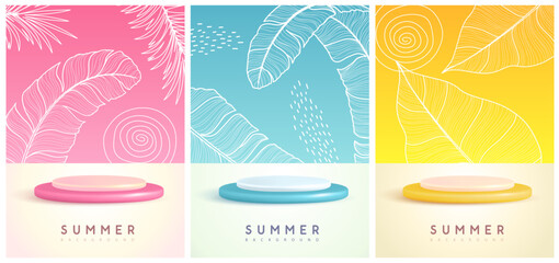 Naklejka premium Set of colorful summer backgrounds with stage and tropic leaves. Colorful minimal scene. Vector illustration