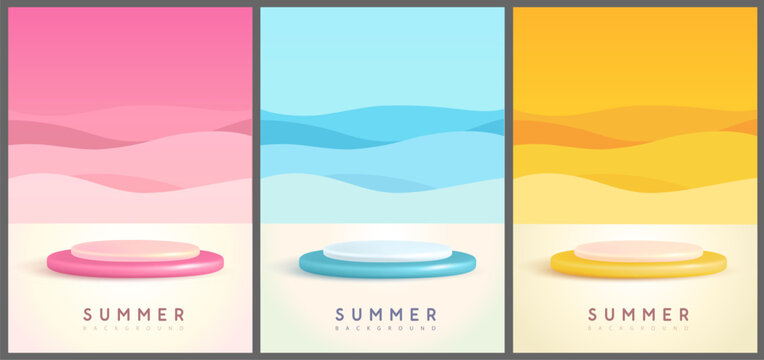 Set of colorful summer backgrounds with plastic stage and abstract wave landscape. Colorful minimal scene. Vector illustration