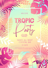 Colorful summer disco party poster with fluorescent tropic leaves. Summertime background. Vector illustration