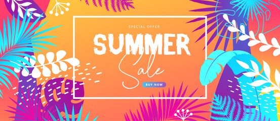 Colorful summer big sale tropical gradient poster with fluorescent tropic leaves. Summertime background. Vector illustration