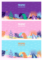 Set of colorful  summer banners with tropic leaves. Summertime template collection. Vector illustration