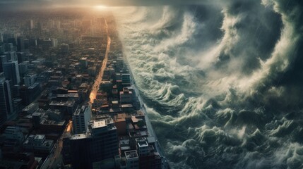 A tsunami destroys a city, a disaster and a catastrophe, a natural phenomenon, a cataclysm, an Armageddon, a post-apocalyptic town. Giant Wave generated ai.