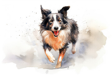 A painting of a dog running in the snow. Generative AI.