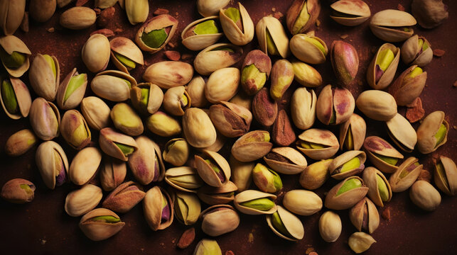 Pistachio background. Nuts. Green fresh inshell pistachios. Generative AI