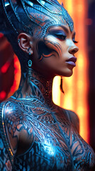 A close up of a woman with tattoos on her body. Generative AI. African model with futuristic face paint.