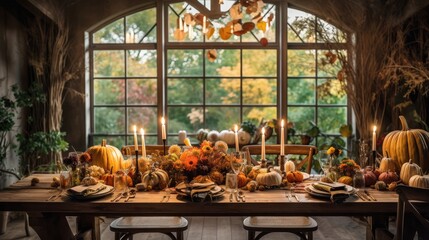 A festive harvest table setting with rustic elements, pumpkins, and autumnal centerpieces, setting the stage for a memorable gathering. Generative AI. 