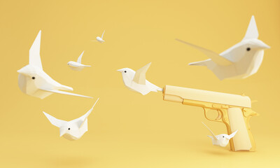 Naklejka premium yellow pistol gun shooting origami white bird paper dove on yellow pastel background. No war. Creative minimalistic layout. Flat lay. isolate 3d rendering