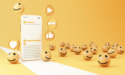 smartphone with smiling face Emojis icon bubble ball shape and frame message on screen. Social network mobile device concept. Graphic websites, web banner yellow background 3d rendering illustration
