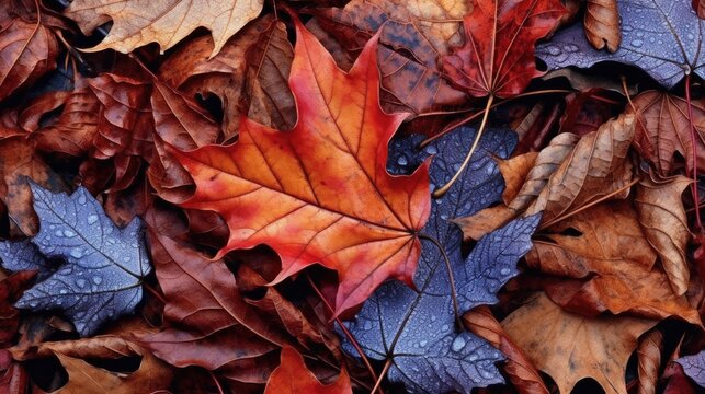 A close-up of fallen leaves with rich colors and intricate textures, showcasing the beauty of nature's artwork during the fall season. Generative AI. 