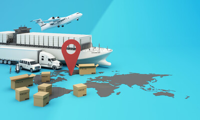the Earth world map surrounded by cardboard boxes, a cargo container ship, a flying plane, a car, a van and a truck with gps location on blue background 3D rendering