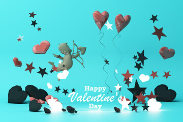 Valentine's day concept background with red and pink hearts star rose with white square frame and love decoration 3d rendering