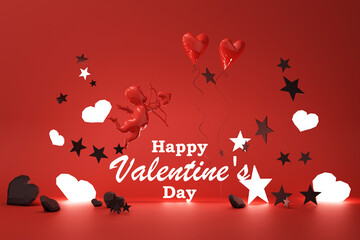 Valentine's day glow concept red background with red .Cupid and red hearts with black star and decoration 3d rendering