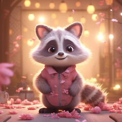 A cute and sweet baby racoon, with a sweet smile, a small Peach blossom around, smiling, Ai Generated