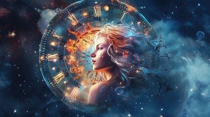 Astrology calendar. Virgo magical zodiac sign astrology. Esoteric horoscope and fortune telling concept. Virgo zodiac in universe. Generative AI