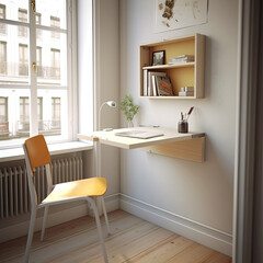 Fototapeta na wymiar Contemporary Design: Fold-down Desk, Blending Style and Function in a Modern Apartment 