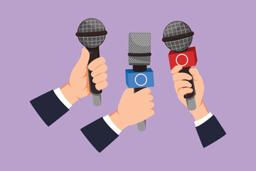 Character flat drawing interview concept with microphones on blue background. Newsmakers and interviewers. Different tv signs. Journalist hands holding mic devices. Cartoon design vector illustration - obrazy, fototapety, plakaty