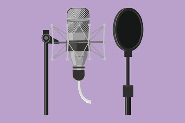 Cartoon flat style drawing technology object, sound recording equipment concept. Studio silver microphone and black pop shield on mic stand logo icon, label, symbol. Graphic design vector illustration