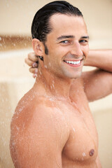 Man, shower and water drop with smile, portrait and bathroom for hygiene, self care and morning for...
