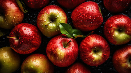 Fototapeta na wymiar Fresh ripe apples with water drops background. Fruits backdrop. Generative AI