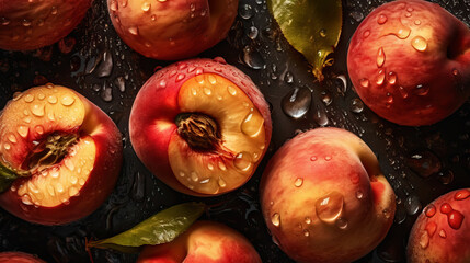 Fototapeta na wymiar Fresh ripe peaches with water drops background. Fruits backdrop. Generative AI