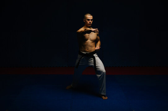 Male karatist doing the Gyaku tsuki pose at the studio