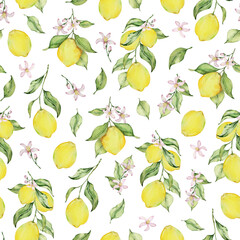 Seamless pattern of watercolor lemons, leaves and flowers