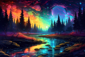 Illustration of a river and sky in beautiful rainbow colors, magical fantasy art, Generative AI