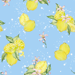 Seamless pattern of watercolor lemons, leaves and flowers on a blue background