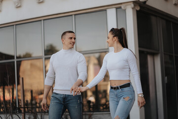 Close up of couple walking and smiling