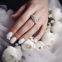 Obraz na płótnie Canvas Beautiful female hands with white manicure close-up, modern stylish wedding manicure, hands of the bride, generative ai