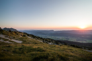 sunset in the vercors mountain range in the french alps