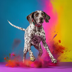 A cheerful playful dog jumps up among the colors of Holi, Setter on a bright multi-colored background, generative ai
