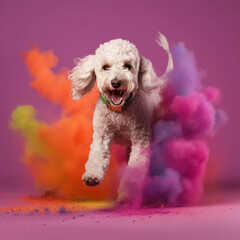 A cheerful playful dog jumps up among the colors of Holi, Poodle on a bright multi-colored background, generative ai