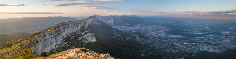 Panoramic view of Grenoble at sunset from Vercors mountain range